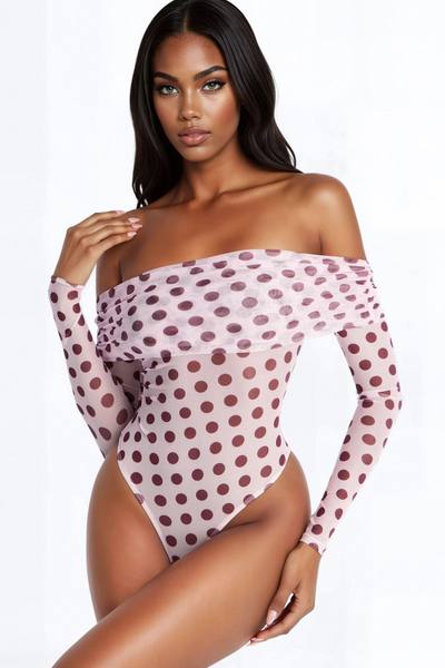 Lily Off Shoulder Polka Dot Mesh Long Sleeve Bodysuit - Pink/combo