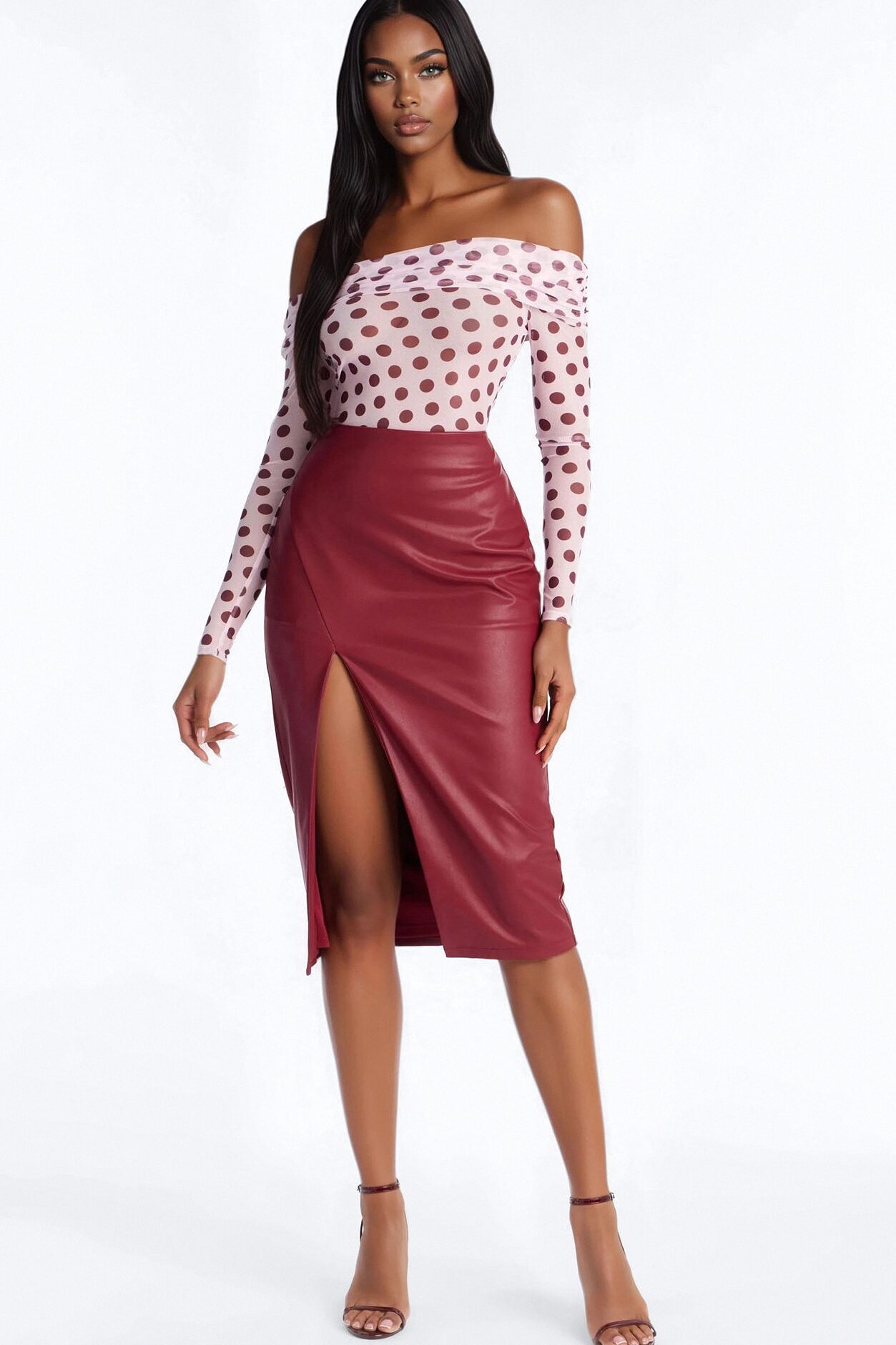 Lily Off Shoulder Polka Dot Mesh Long Sleeve Bodysuit - Pink/combo