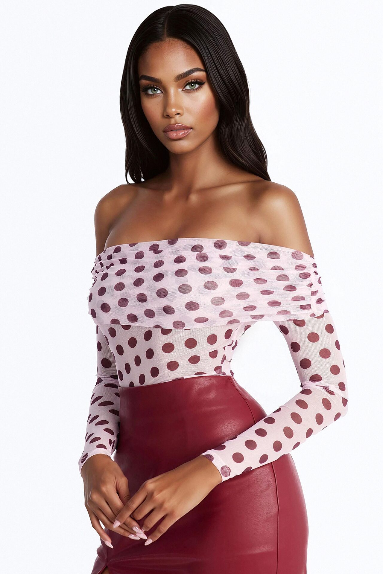 Lily Off Shoulder Polka Dot Mesh Long Sleeve Bodysuit - Pink/combo