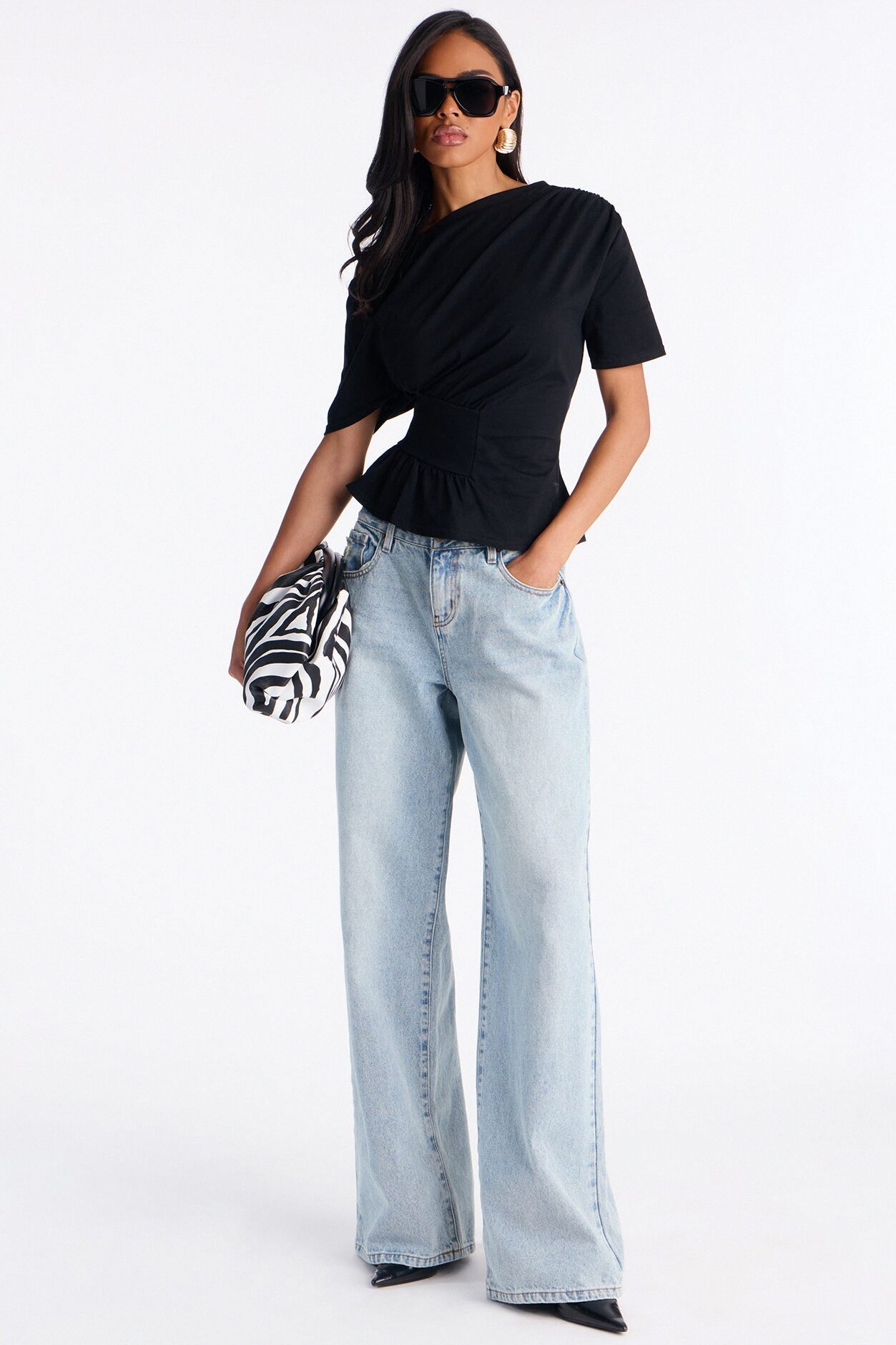 Brooklyn Ruched Off Shoulder Short Sleeve T-Shirt - Black