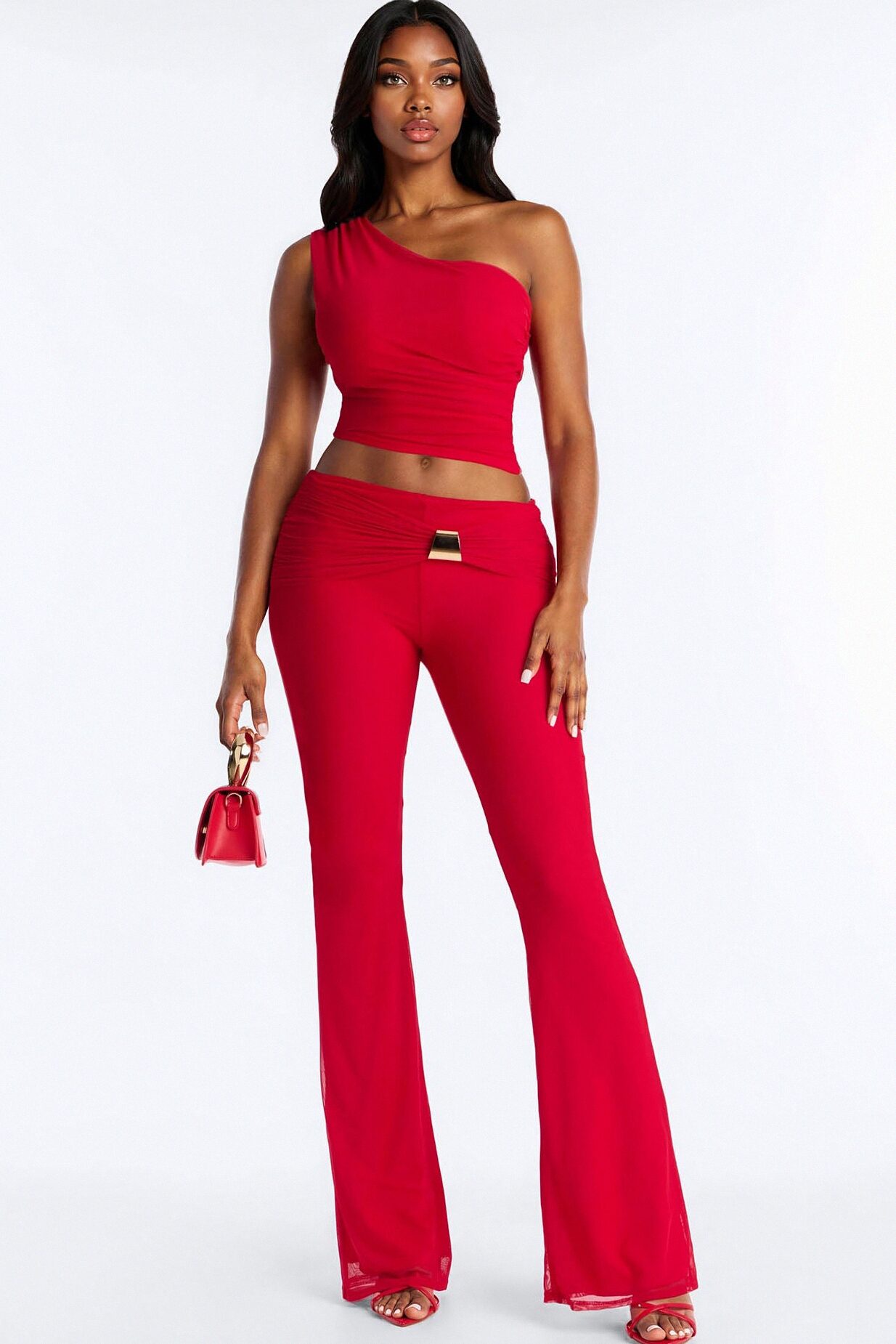Hailey Asymmetrical Mesh Pant Set - Red