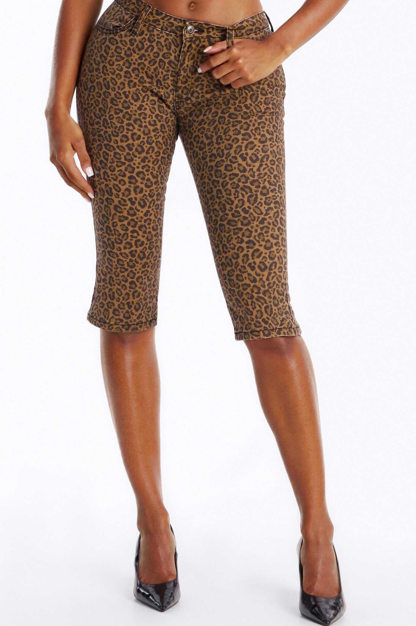 Retro Animal Skinny Capri Jeans - Brown Combo