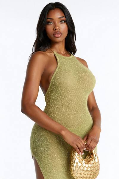 Stephanie Backless Textured Maxi Dress - Olive