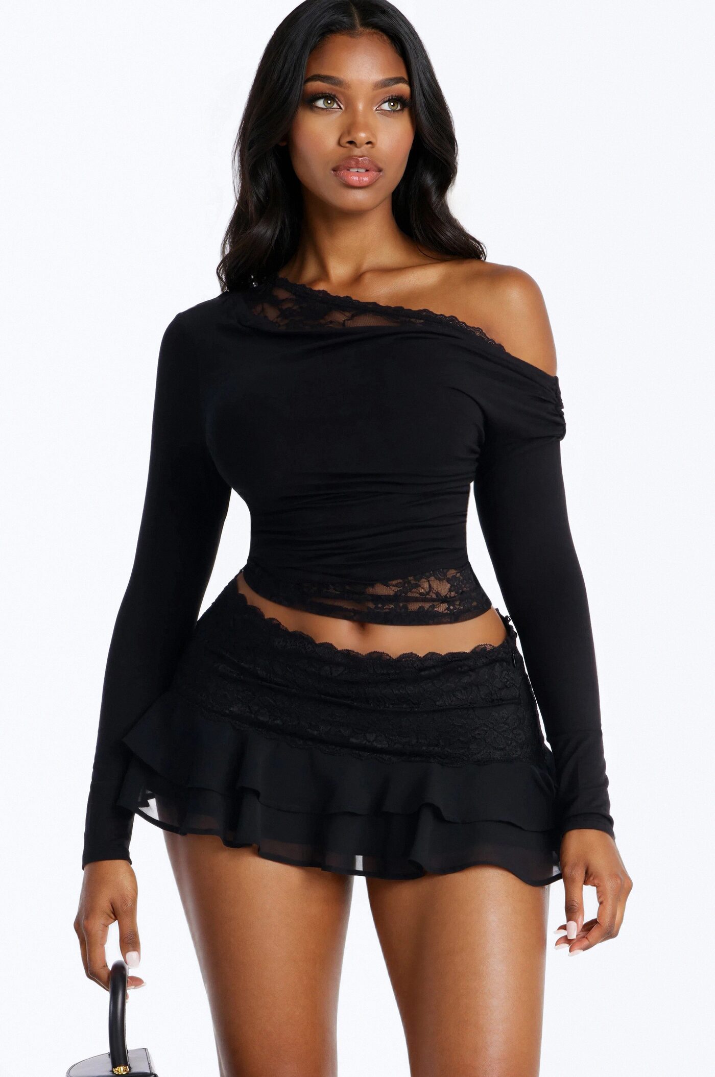 Zoe Layered Lace Off Shoulder Long Sleeve Top - Black