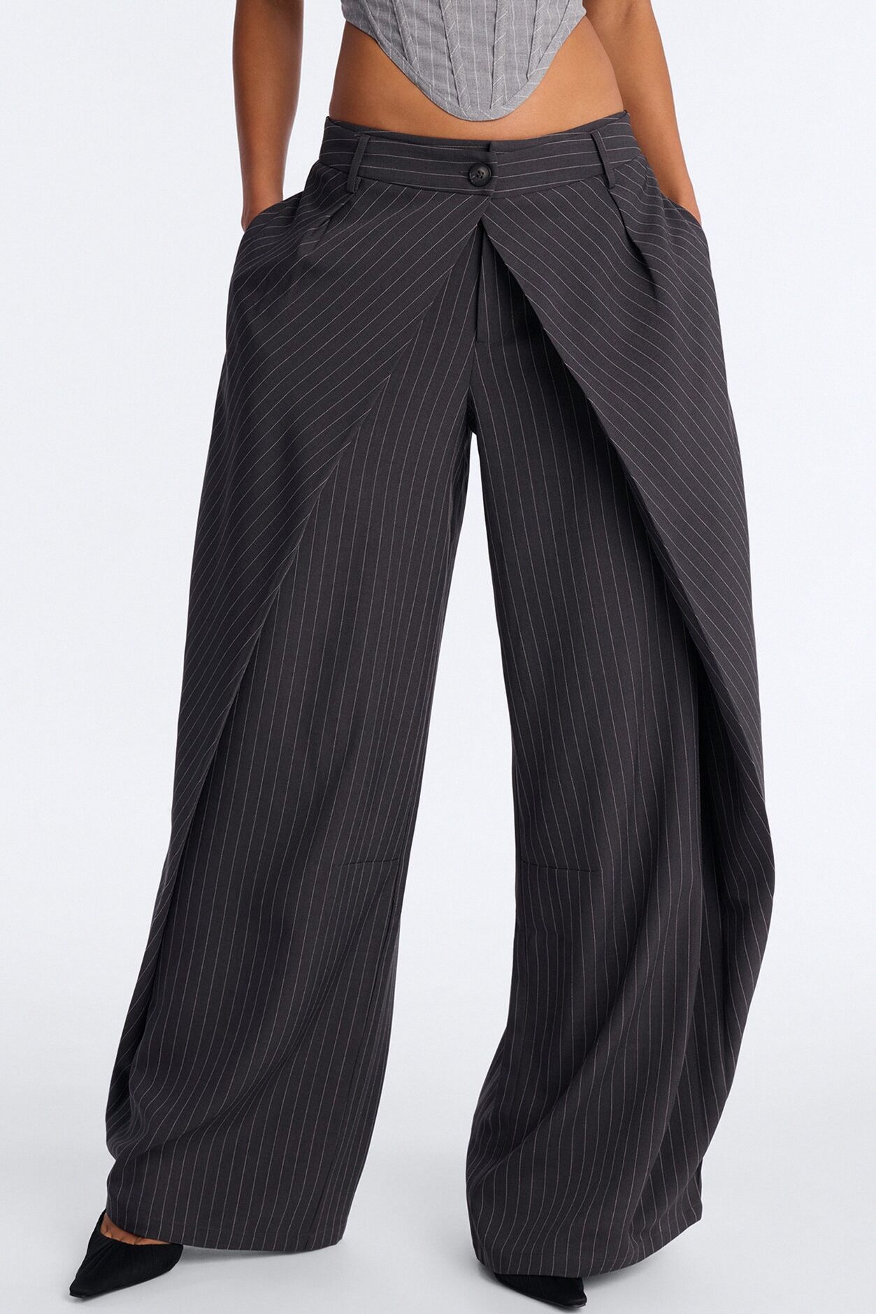 Margaret Mid Rise Wide Leg Front Wrap Trouser Pant 33″ - Charcoal