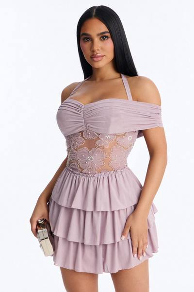 Remi Ruffle Beaded Mesh Mini Dress - Mauve