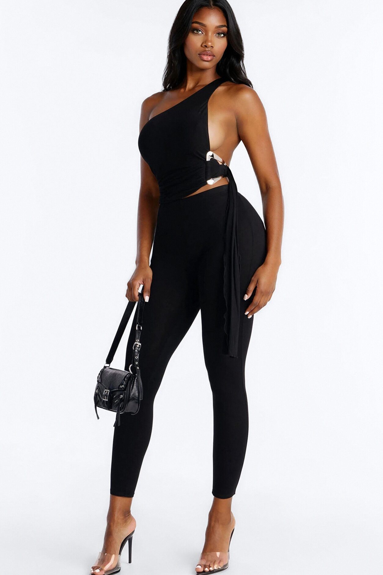 Maxine One Shoulder Open Back Legging Set - Black
