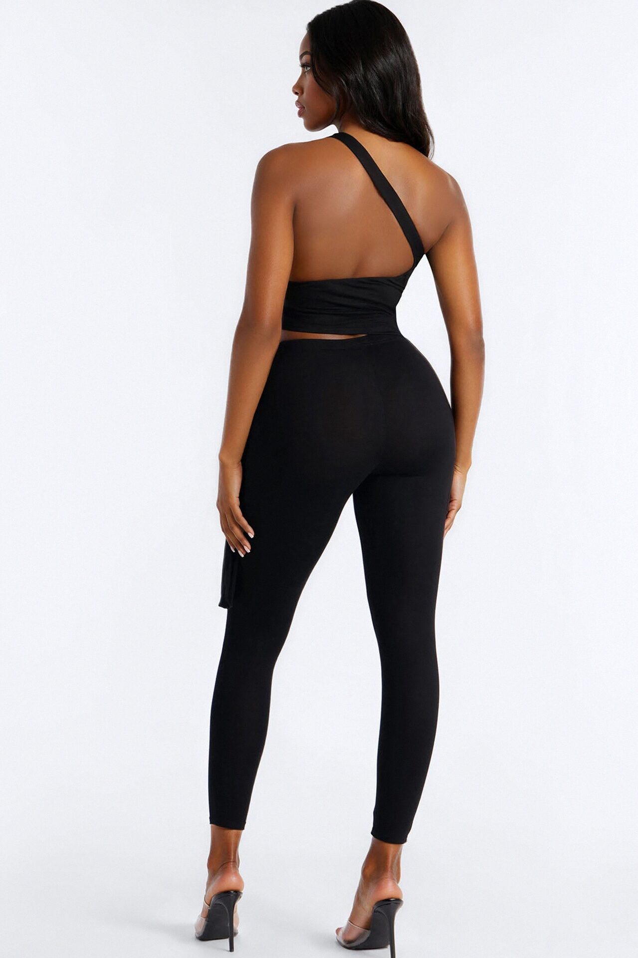 Maxine One Shoulder Open Back Legging Set - Black