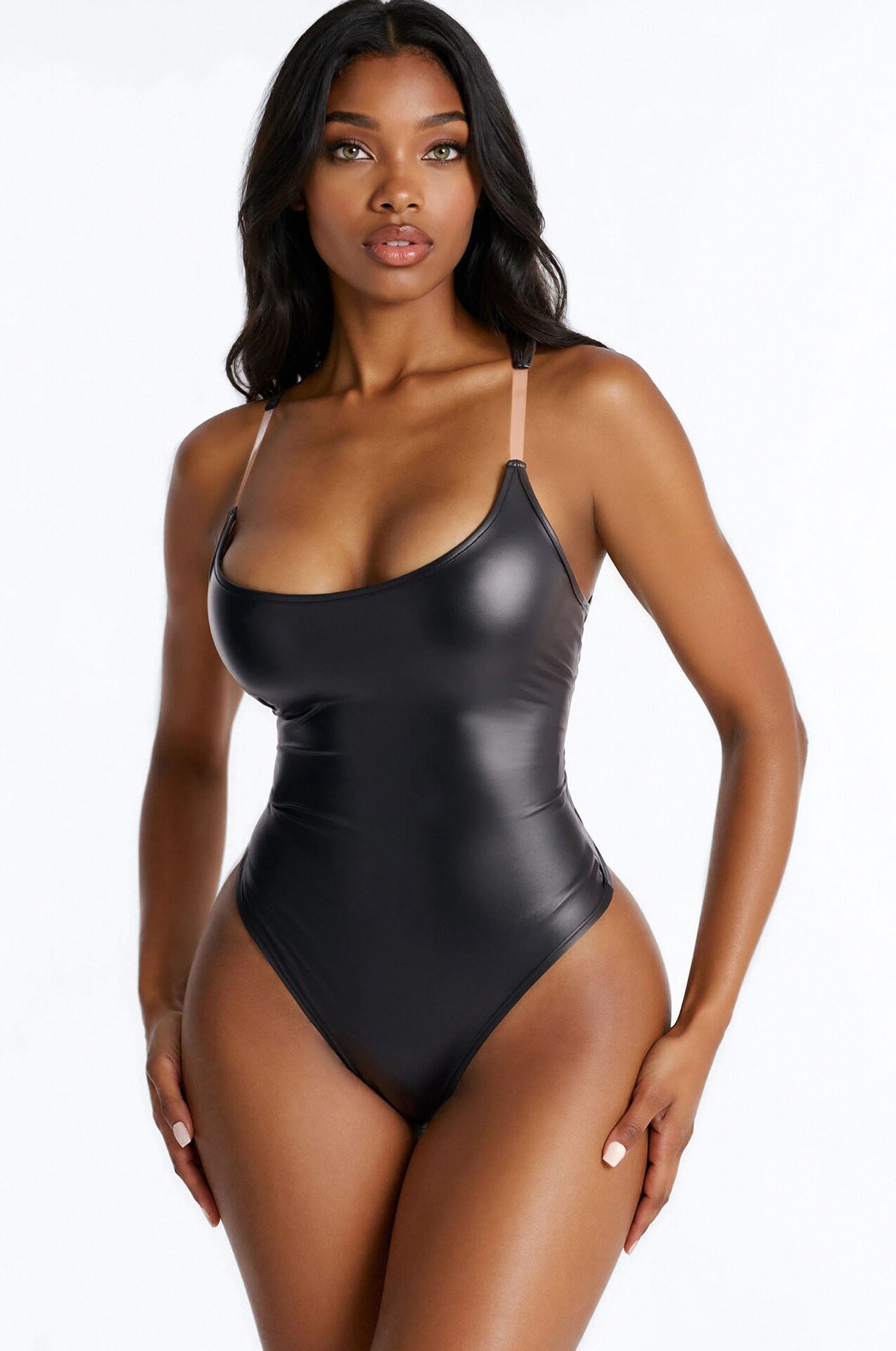 Gia Faux Leather Scoop Neck Invisible Strap Bodysuit - Black
