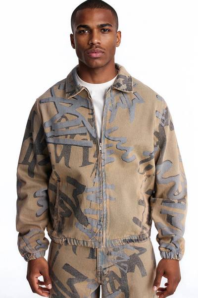 Vintage Graffiti Denim Bomber Jacket - Vintage Wash