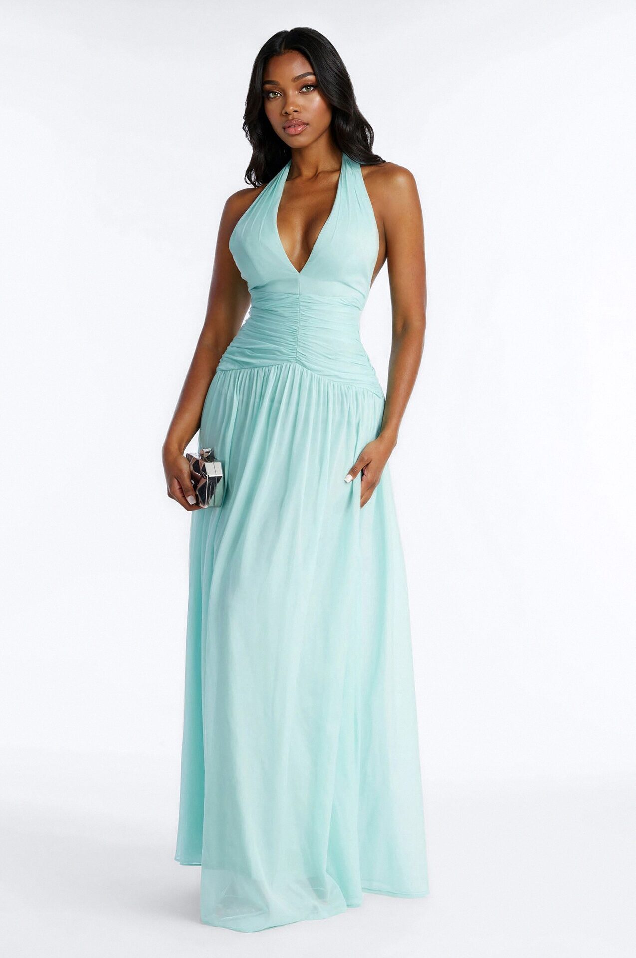 Winnie Ruched Halter Gown - Mint