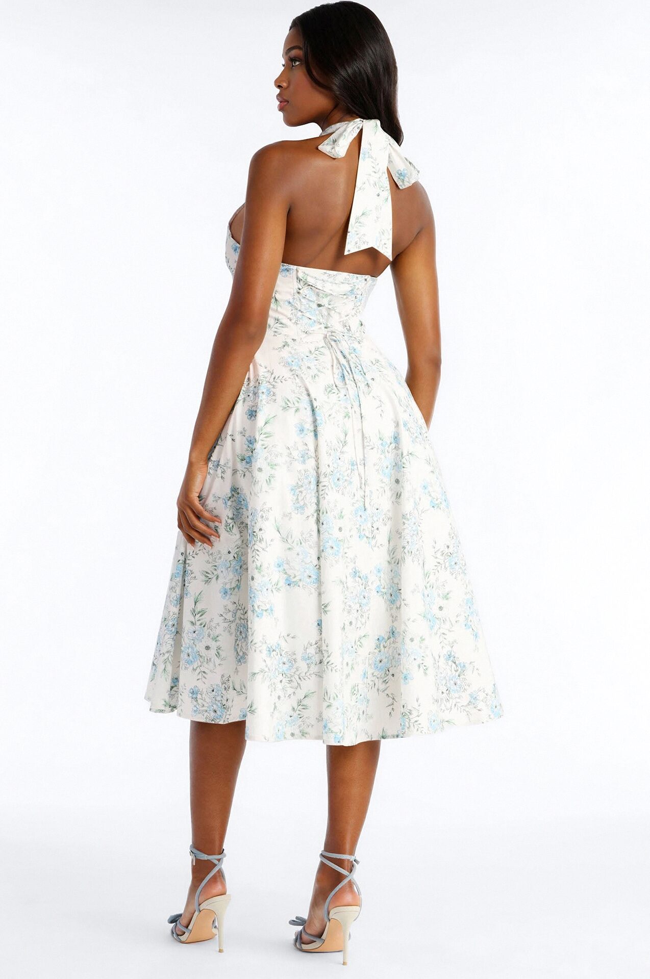 Adelaide Halter Floral Midi Dress - White/Blue
