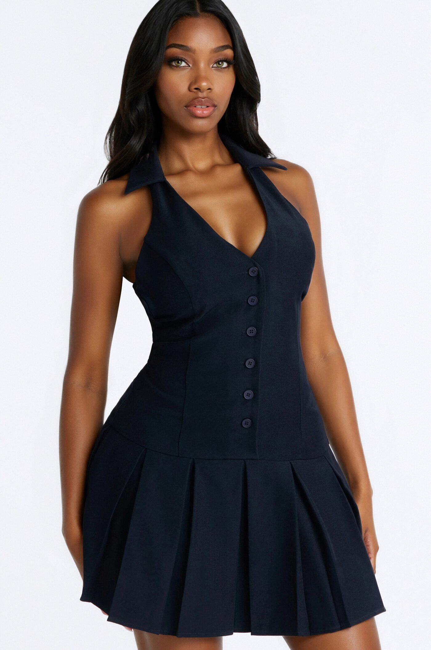 Aliza Button Up Halter Mini Dress - Navy