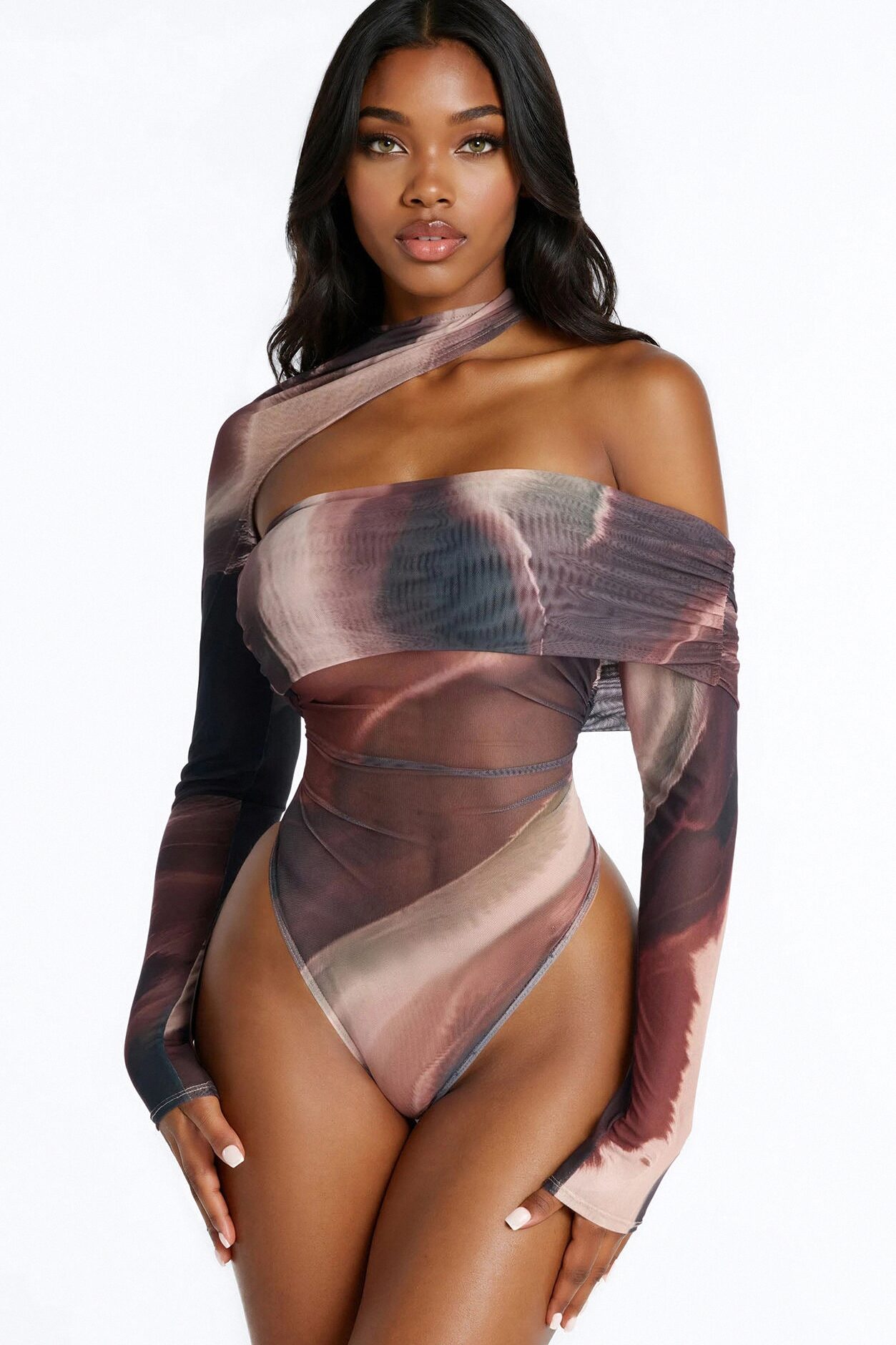 Out Of Focus Mesh Off Shoulder Long Sleeve Bodysuit - Multi Color