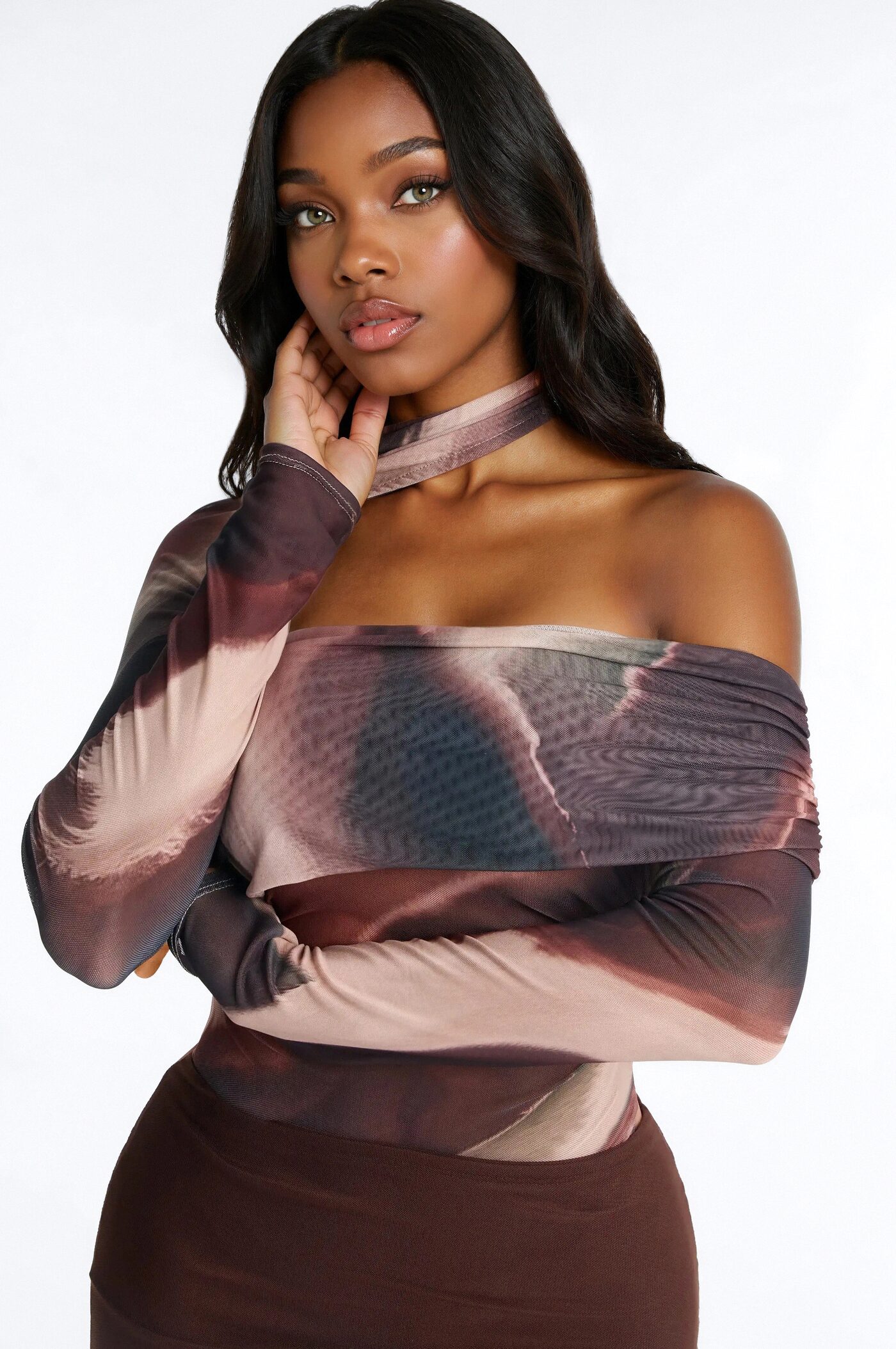 Out Of Focus Mesh Off Shoulder Long Sleeve Bodysuit - Multi Color