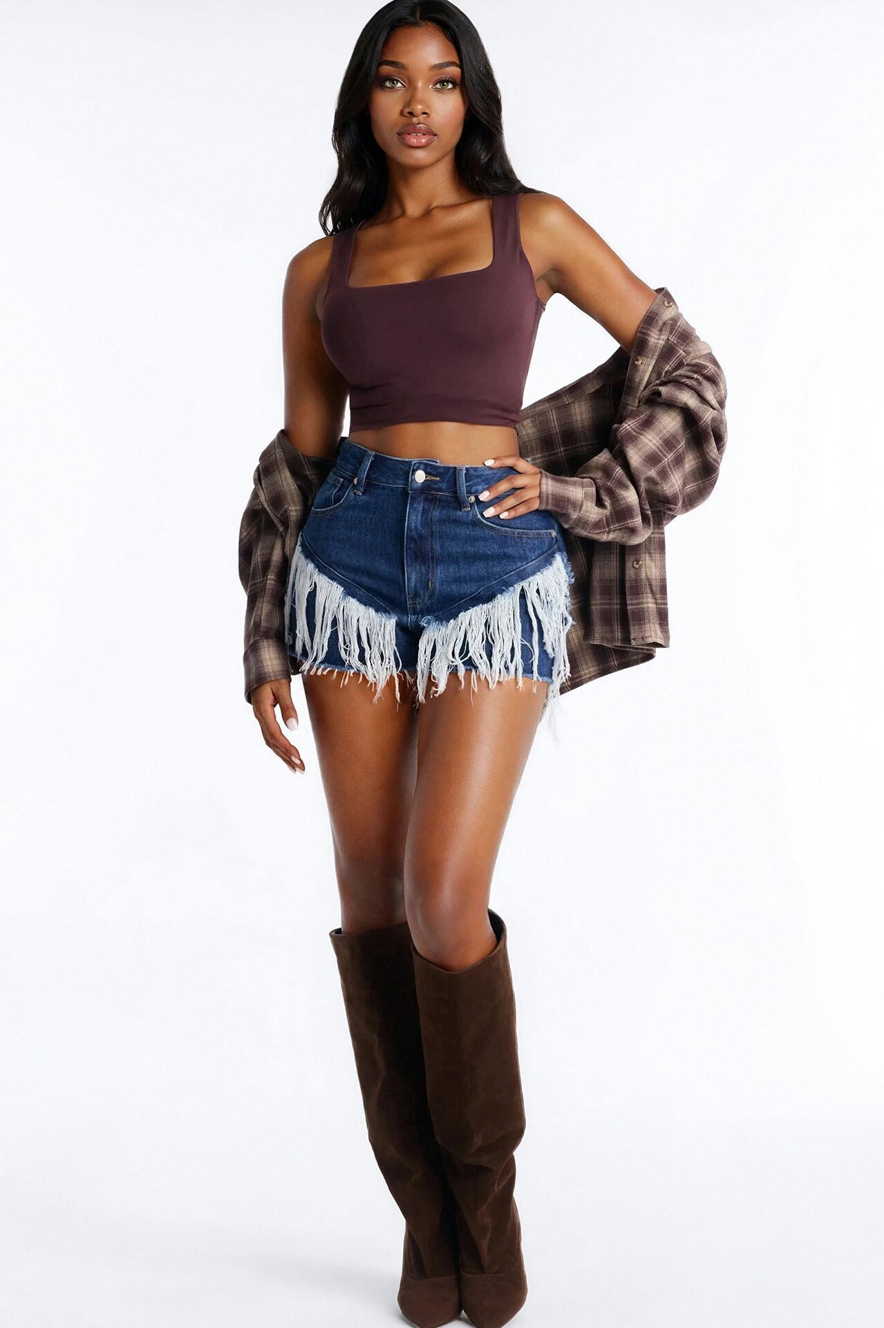 Indio Fringe Ripped High Rise Denim Shorts - Dark Wash