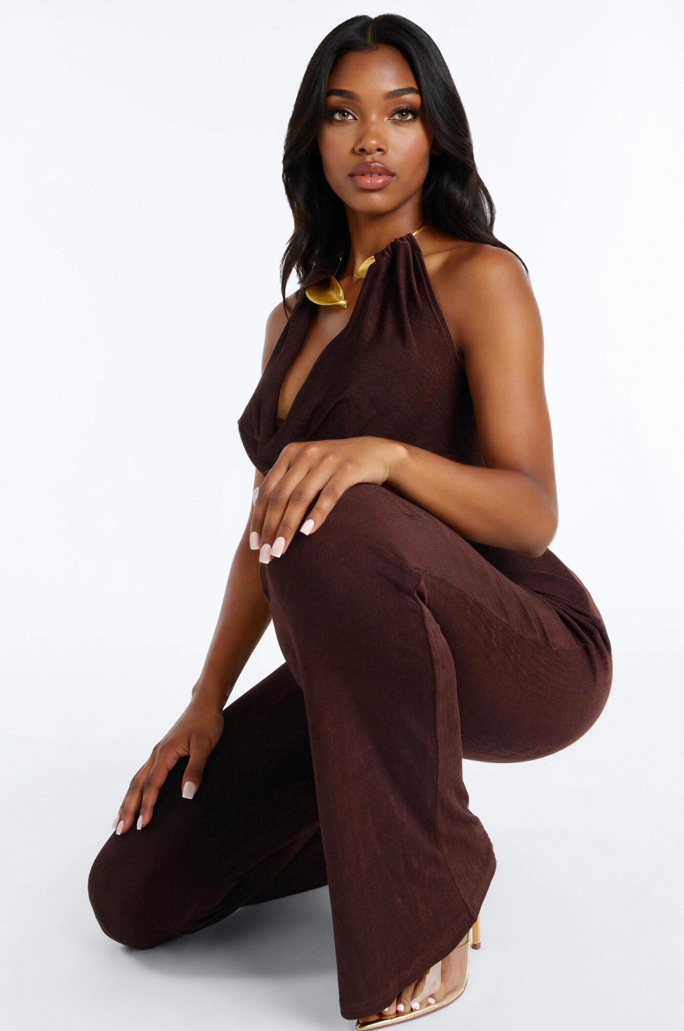 Celia Cowl Flare Jumpsuit - Chocolate