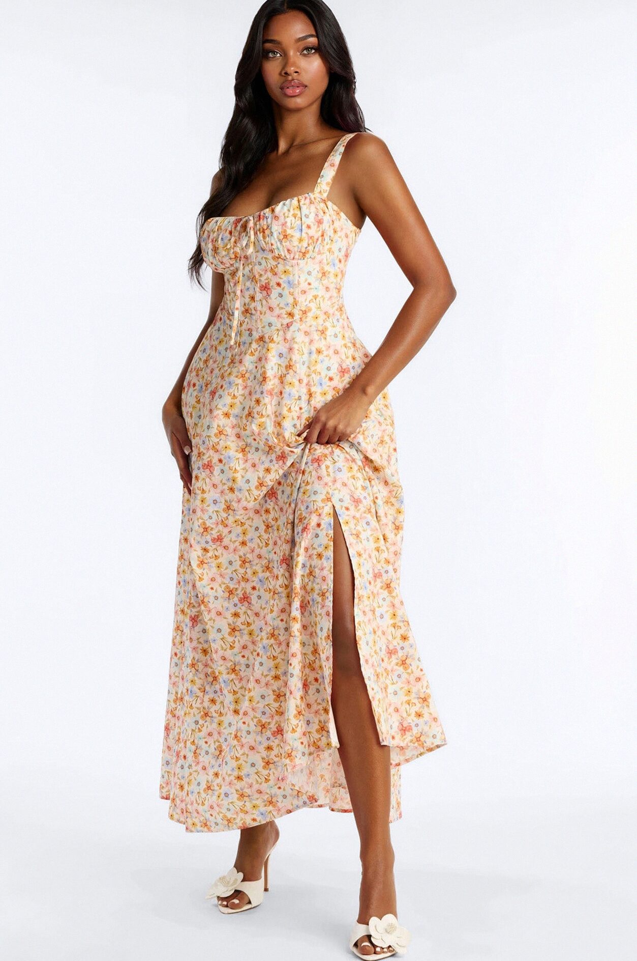 Blaire Corset Floral Maxi Dress - Taupe/combo