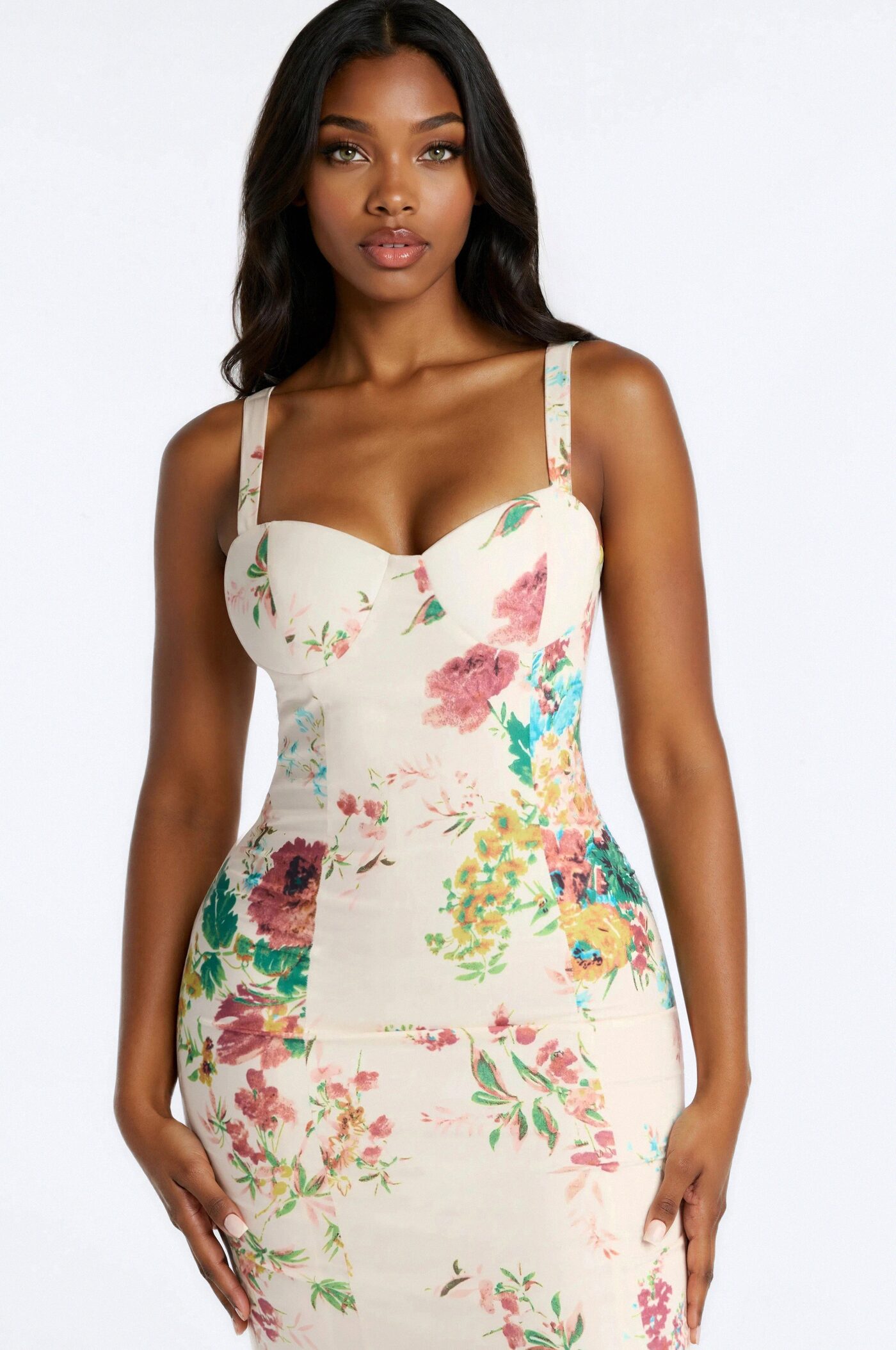 Yasmine Floral Mermaid Midi Dress - White/combo