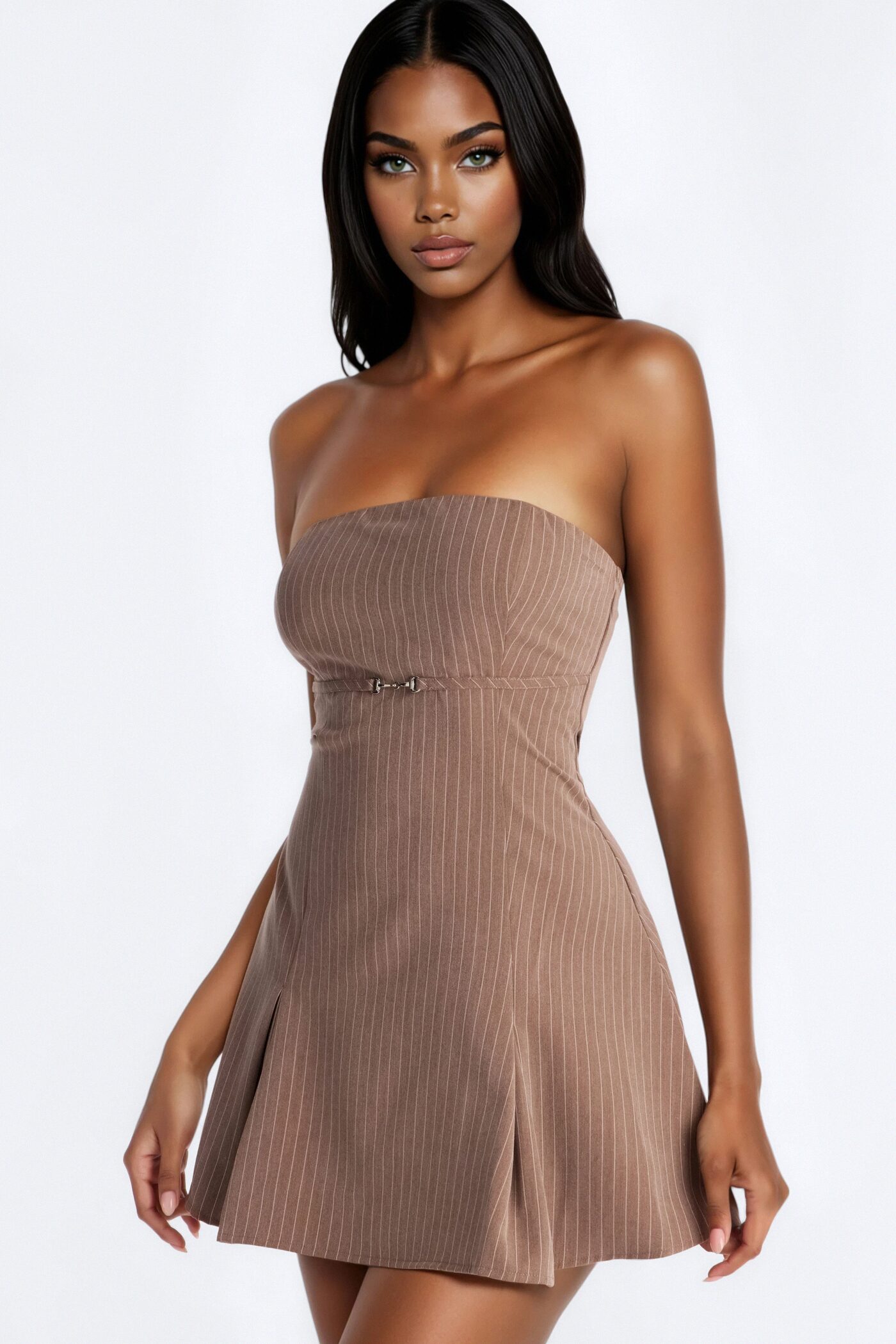 High Priority Strapless Pinstripe Mini Dress - Taupe