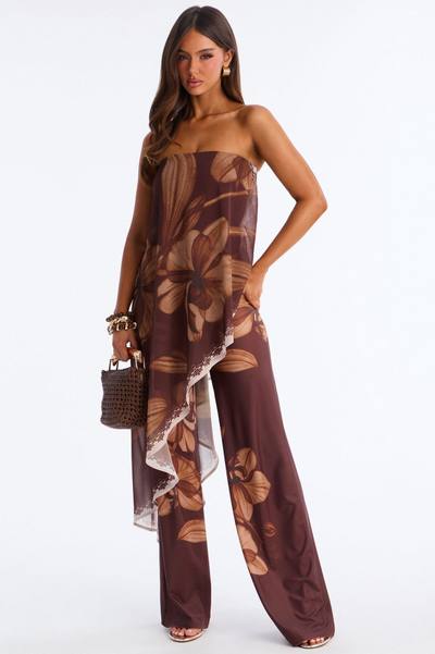 Island Time Asymmetrical Floral Wide Leg Jumpsuit - Brown/combo
