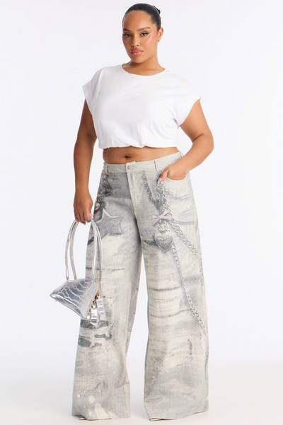 No Chances Wide Leg Low Rise Pant 32″ - Grey/combo