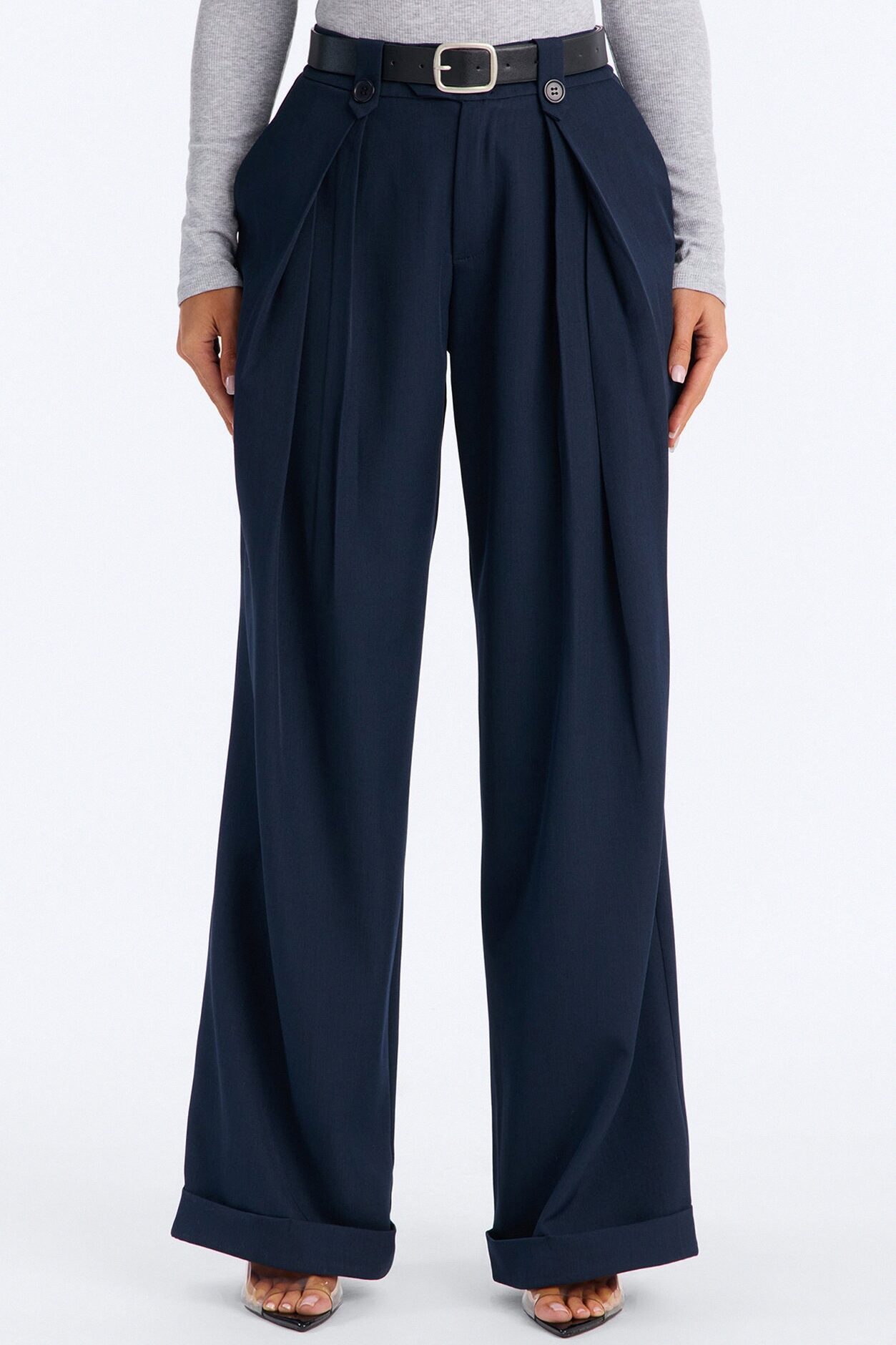 Brooklyn Mid Rise Belted Wide Leg Trouser Pant 33″ - Navy