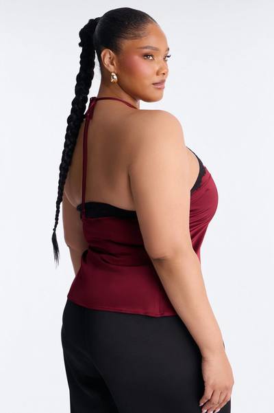 Jayde Satin Lace Detail Halter Top - Red