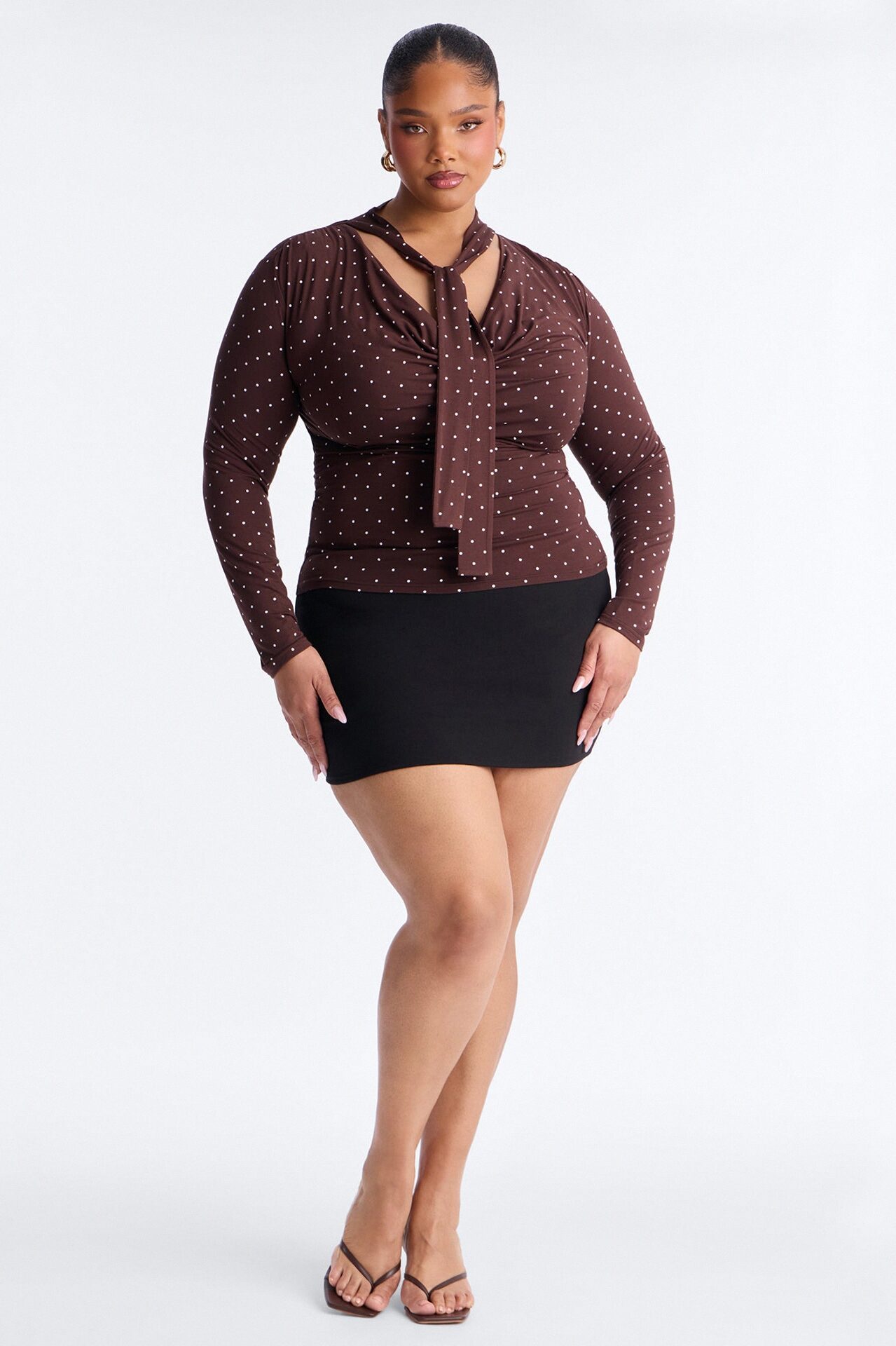 Aria Polka Dot Long Sleeve Top - Brown/combo