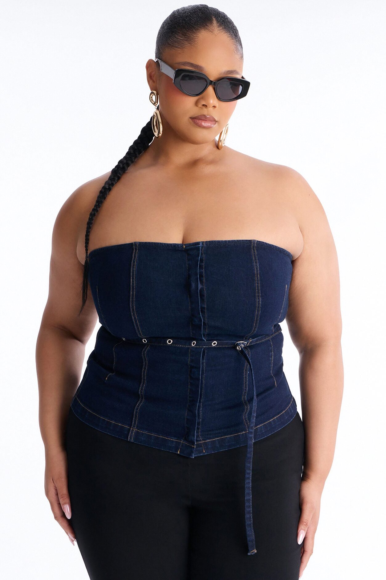 Denim Always Belted Peplum Top - Dark Wash