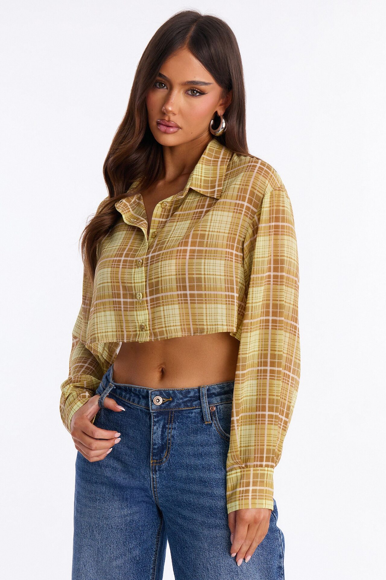 Tropic Oasis Plaid Chiffon Cropped Shirt - Yellow/combo