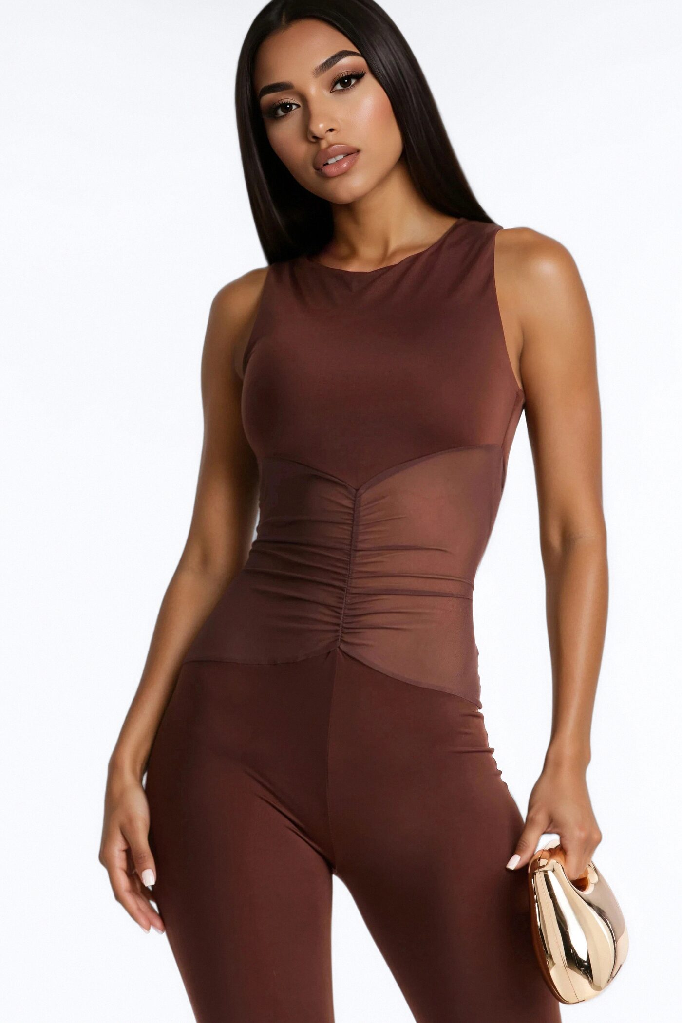 Rosina Ruched High Neck Flare Leg Jumpsuit - Chocolate