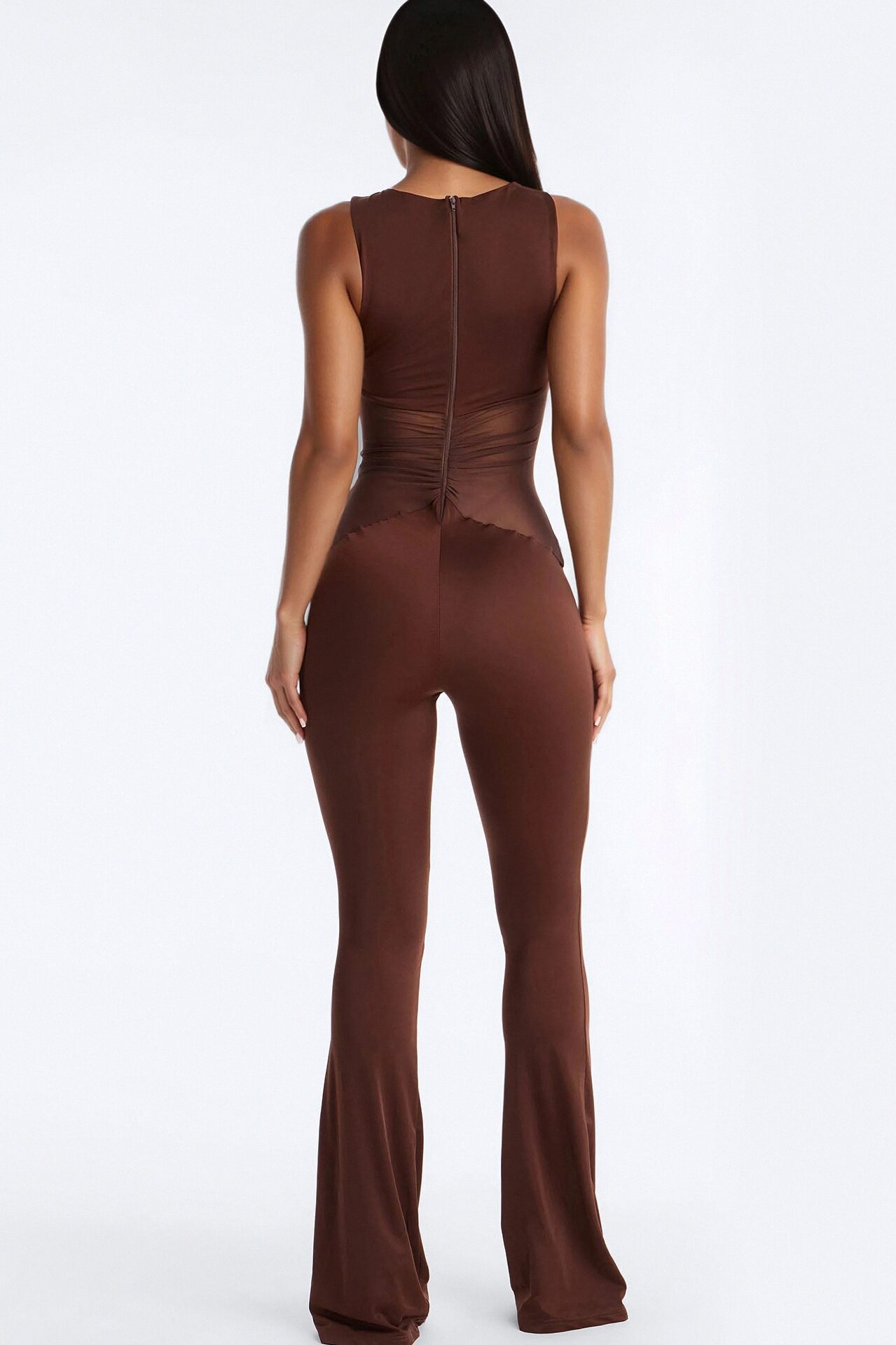 Rosina Ruched High Neck Flare Leg Jumpsuit - Chocolate