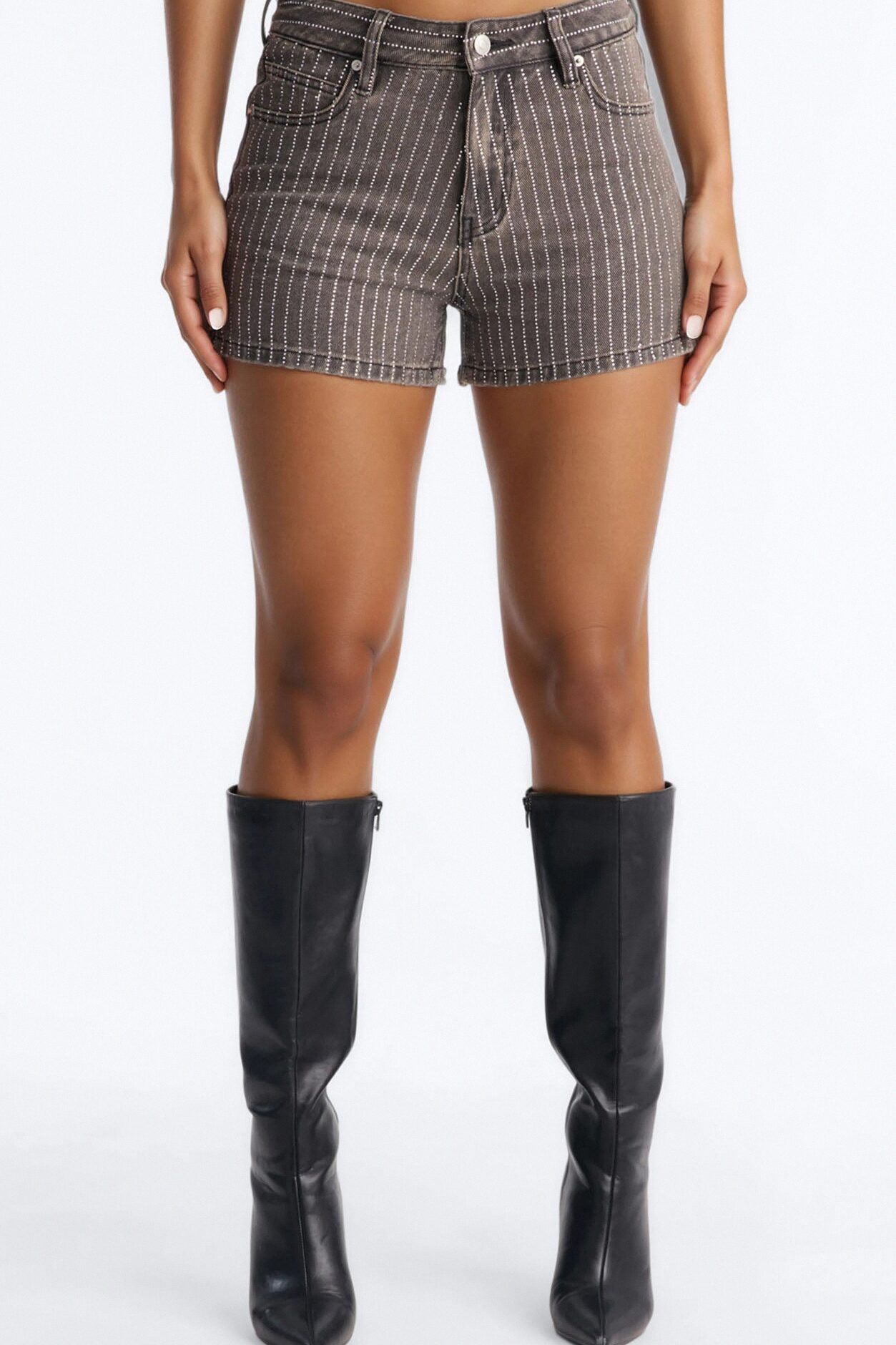 Down The Line Embellished Denim Shorts - Grey