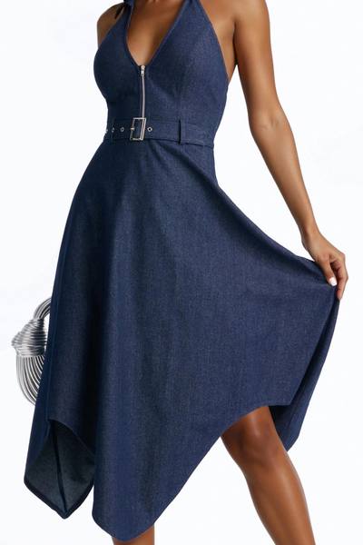 Alana Belted Denim Midi Dress - Dark Wash