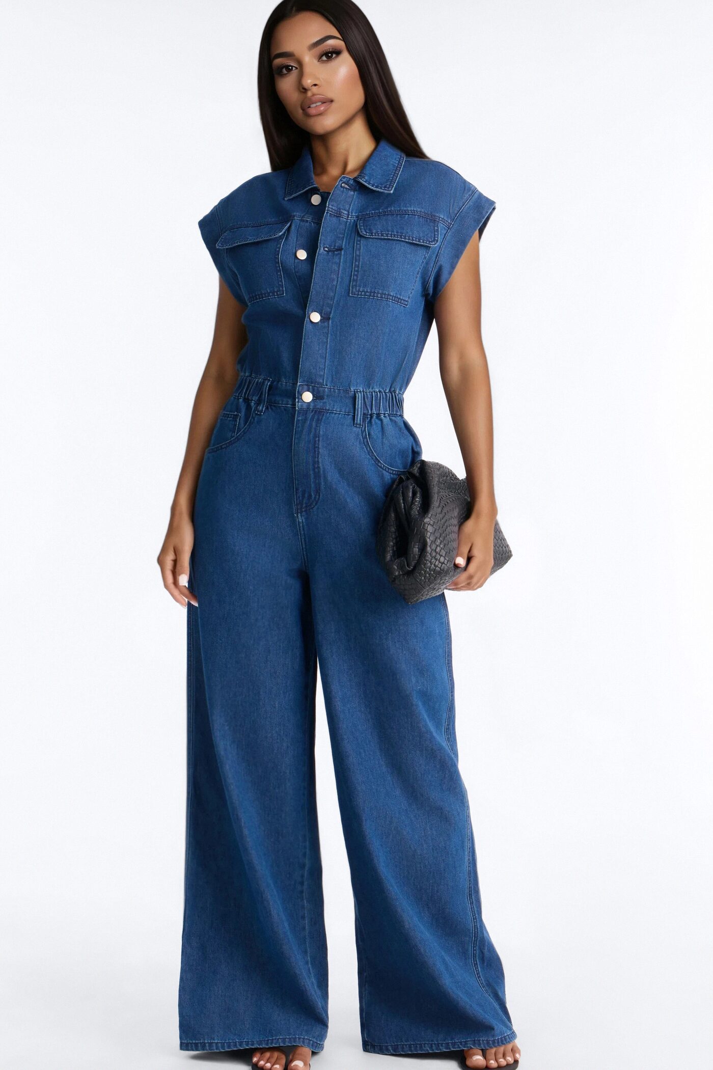 Jelina Denim Collar Wide Leg Jumpsuit - Medium Wash
