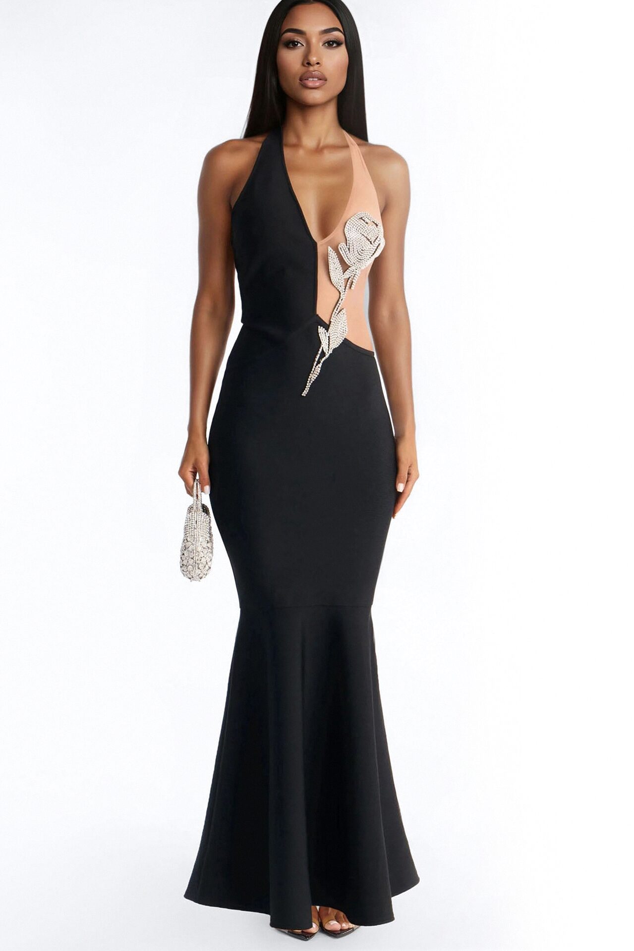 Mary Embellished Rose Halter Gown - Black