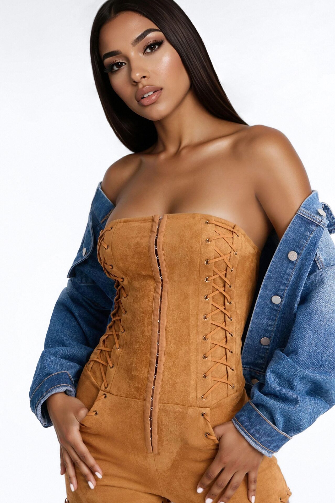 Sammi Faux Suede Lace Up Romper - Camel