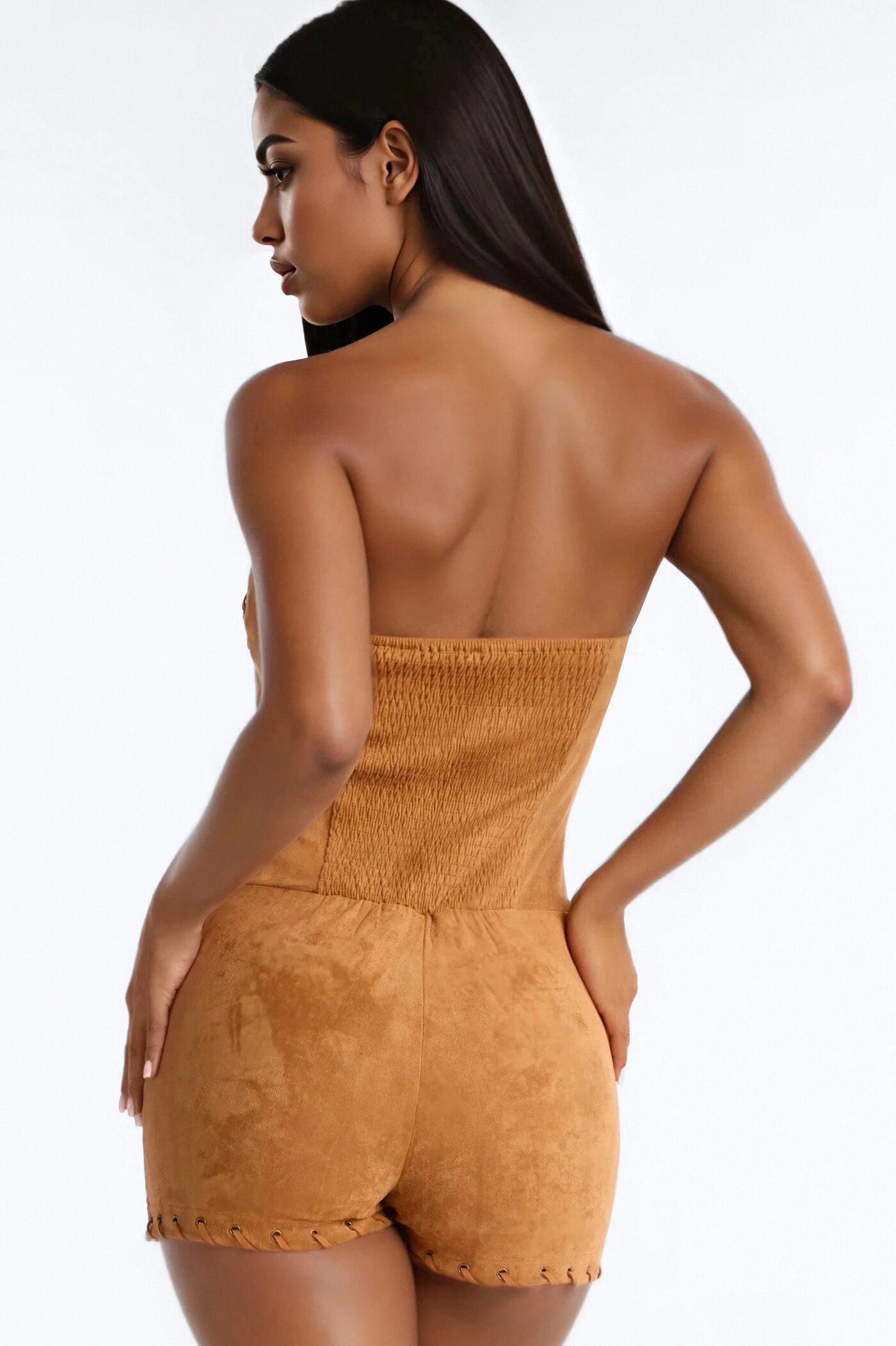 Sammi Faux Suede Lace Up Romper - Camel