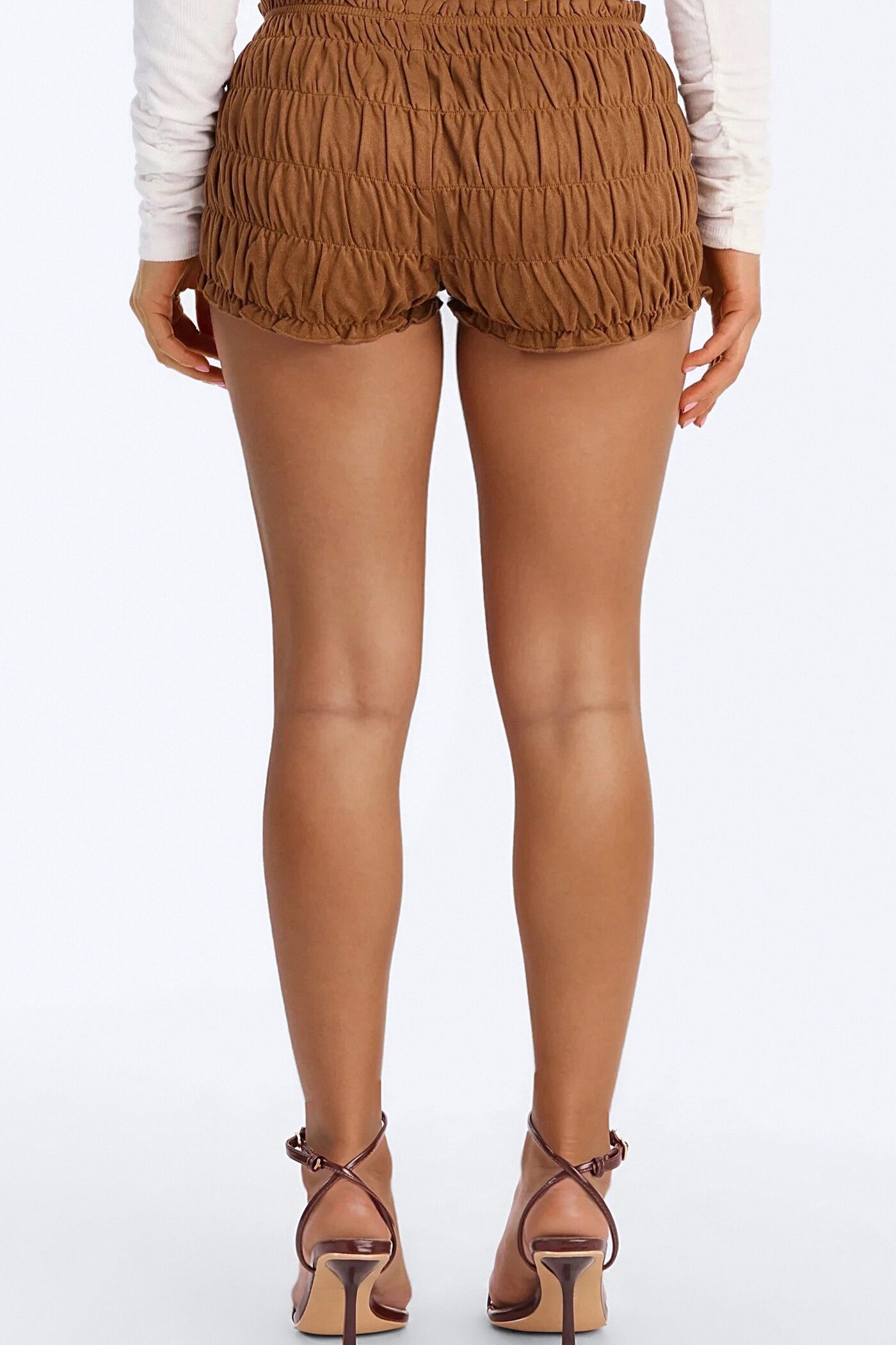 Chasing The Sun Faux Suede Micro Bloomers Shorts 1.5″ - Camel