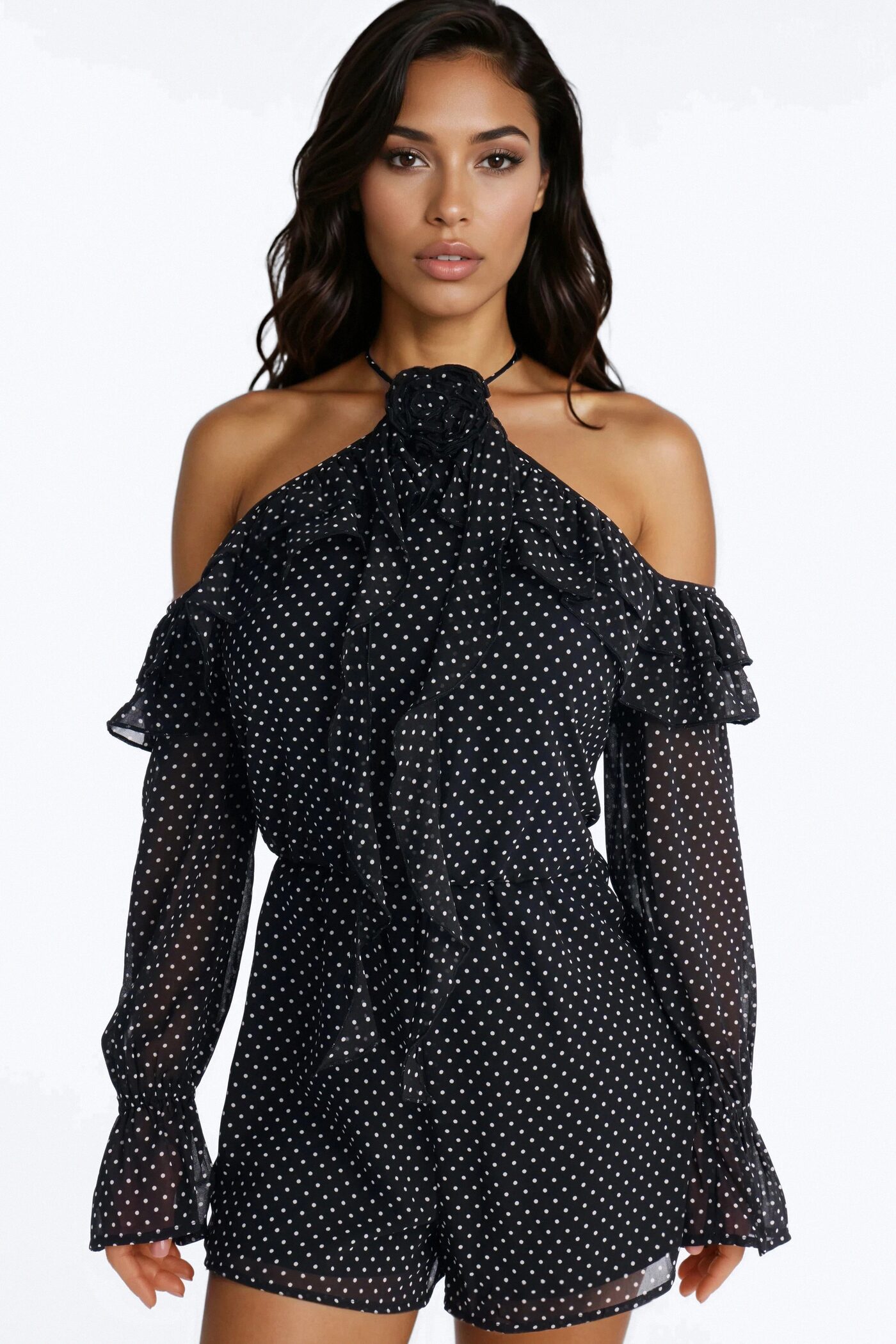 Rhia Polka Dot Chiffon Romper - Black