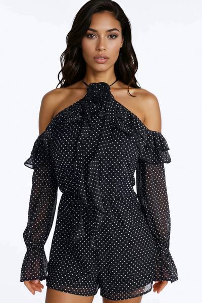 Rhia Polka Dot Chiffon Romper - Black