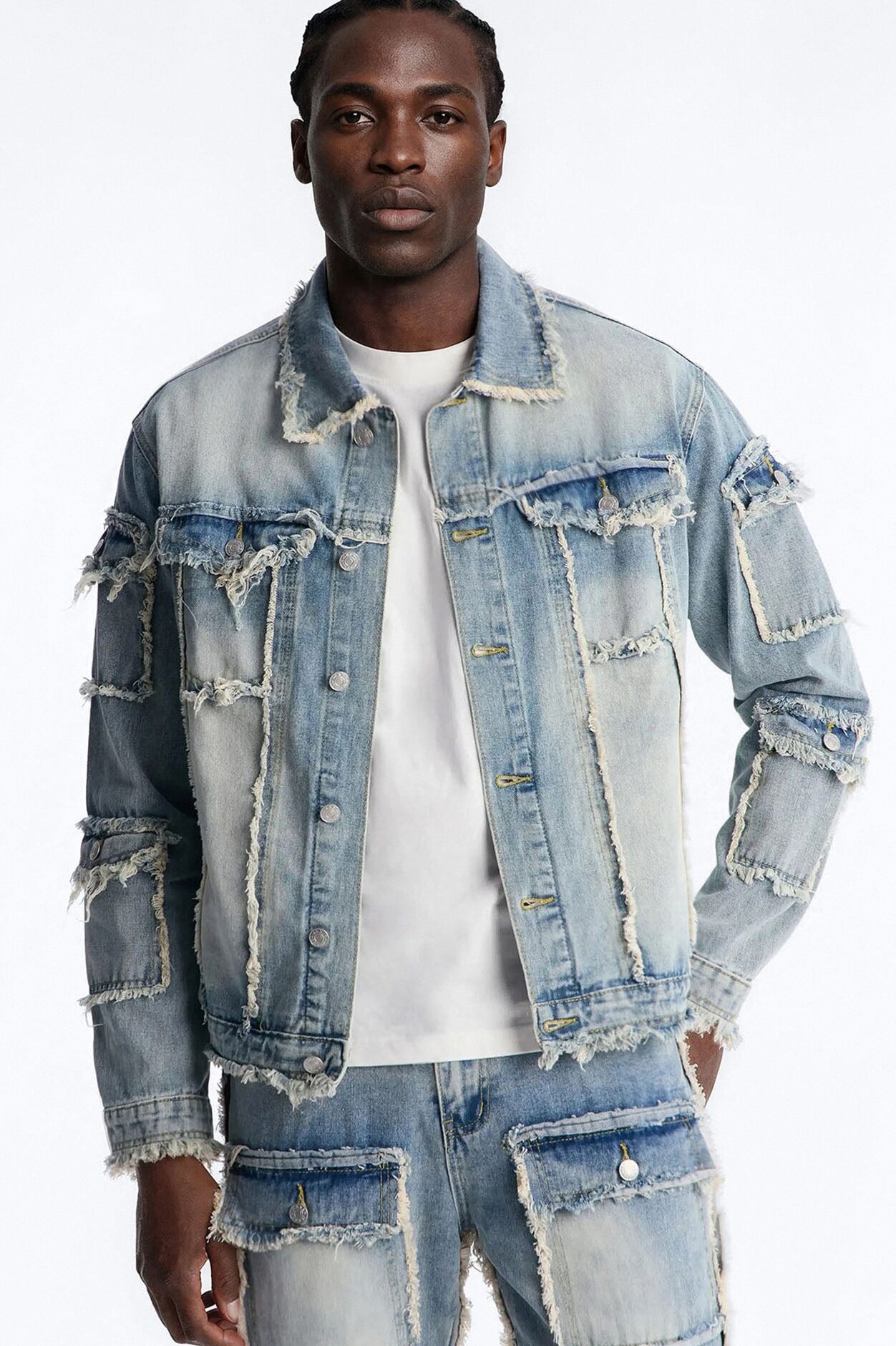 Tattered Cargo Denim Trucker Jacket - Light Wash