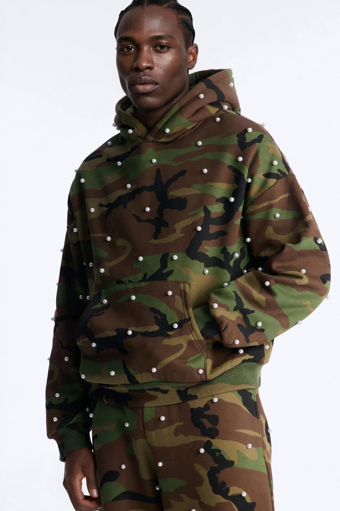 Oversized Vanguard Pearl Embellished Camo Hoodie - Camouflage