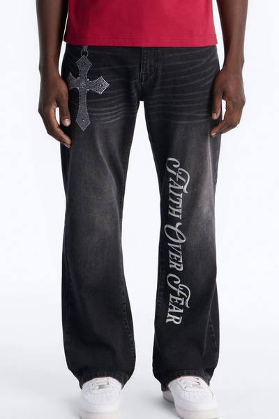 Stacked Slim Flare Faith Over Fear Drip Jean - Black Wash