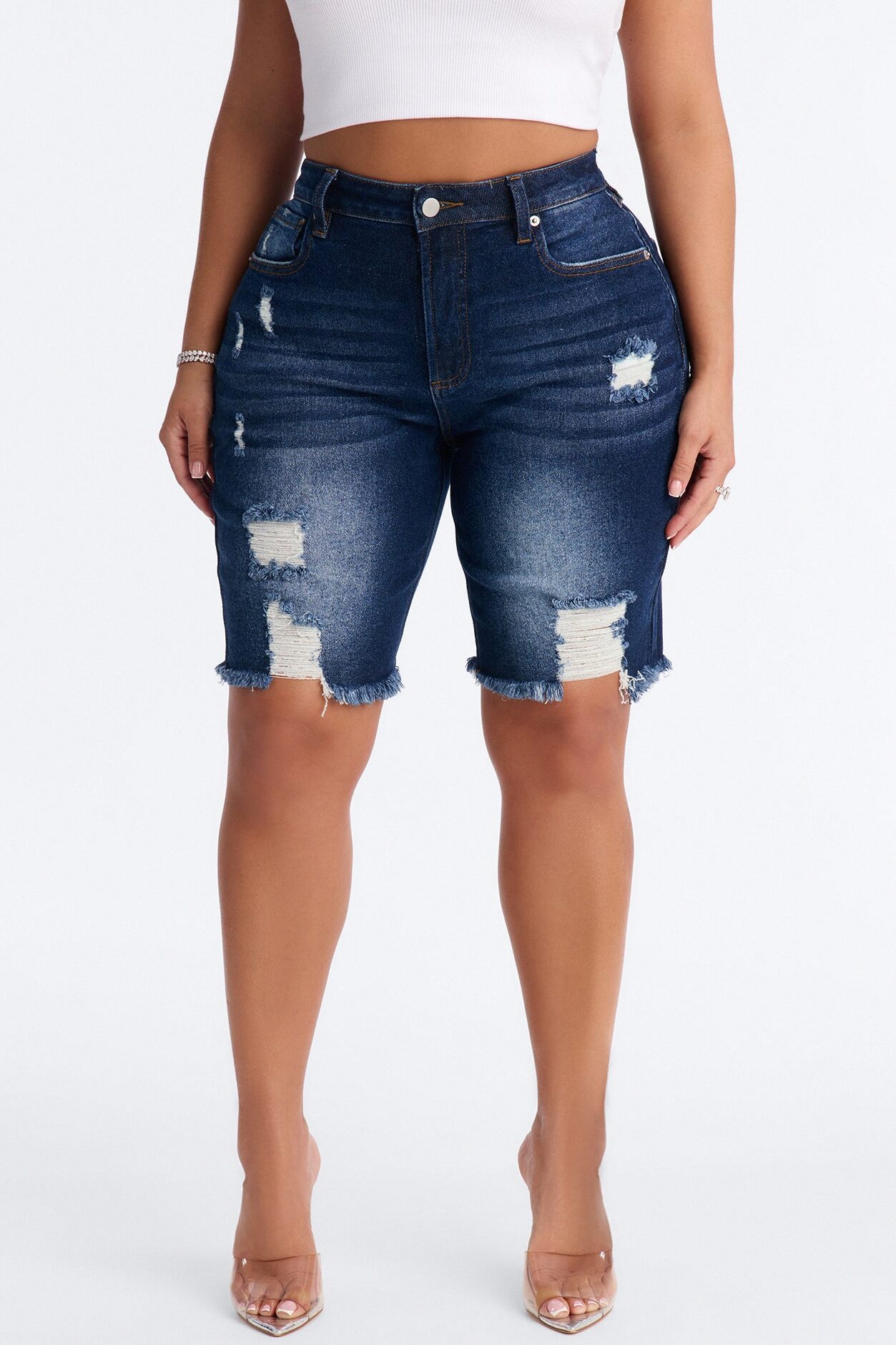 Came To Win Stretch Denim Bermuda Shorts - Dark Wash