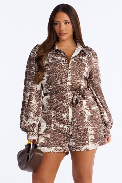 Sonayah Satin Tie Waist Romper - Brown/combo