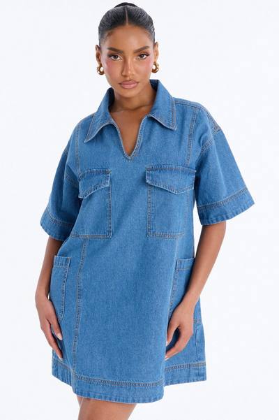 Solana Short Sleeve Denim Mini Dress - Medium Wash