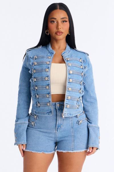 Defended You Decorated Stretch Denim Jacket - Light Wash