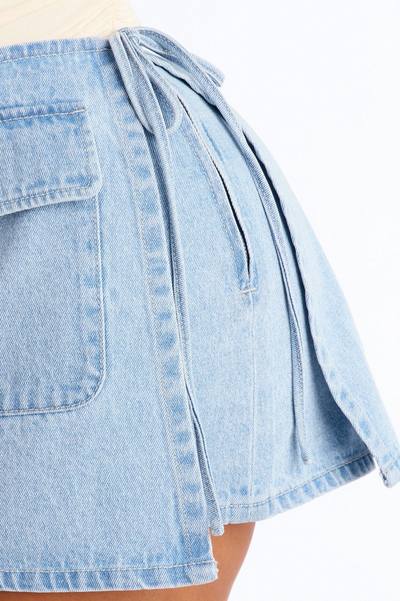 Kimmie Wrap Denim Micro Mini Skort - Light Wash